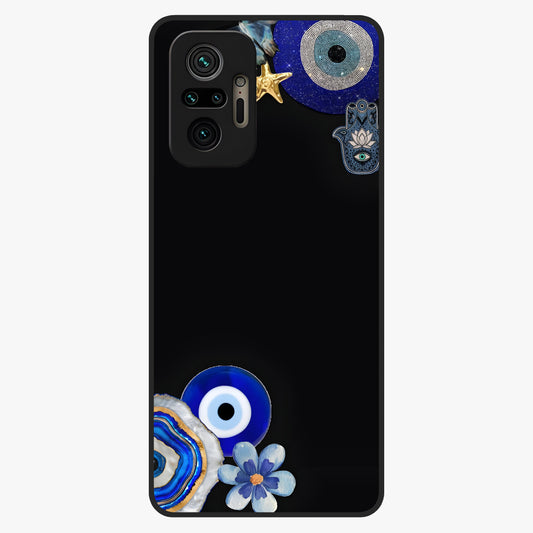 Aesthetic Blue Evil Eye Glass Case showing flat back view with protective evil eye artwork and glossy glass finish.