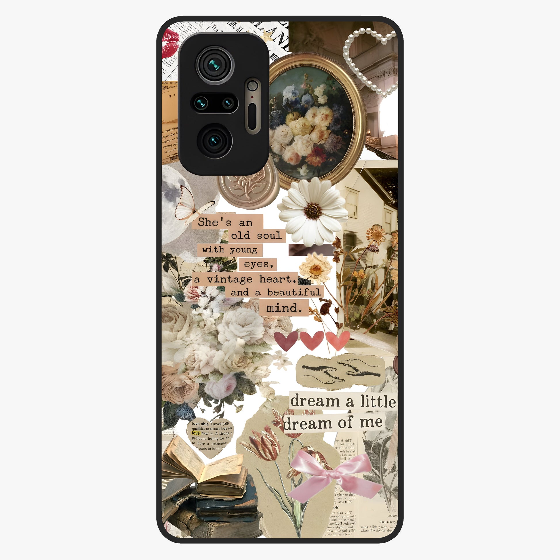 Aesthetic Brown Vintage Collage Glass Case showing flat back view with retro collage artwork and glossy glass finish.