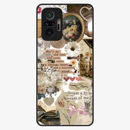 Aesthetic Brown Vintage Collage Glass Case showing flat back view with retro collage artwork and glossy glass finish.
