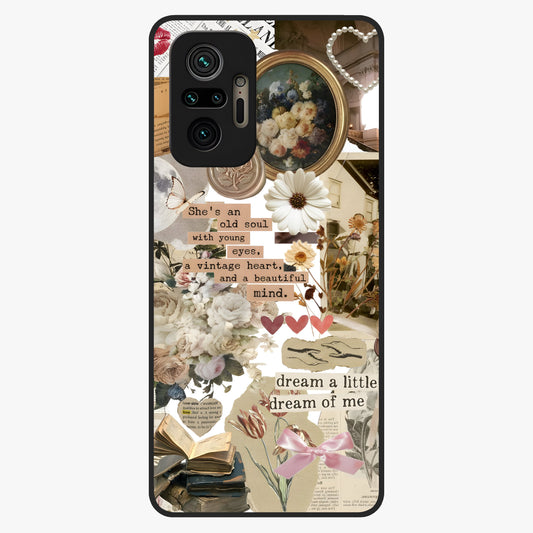 Aesthetic Brown Vintage Collage Glass Case showing flat back view with retro collage artwork and glossy glass finish.