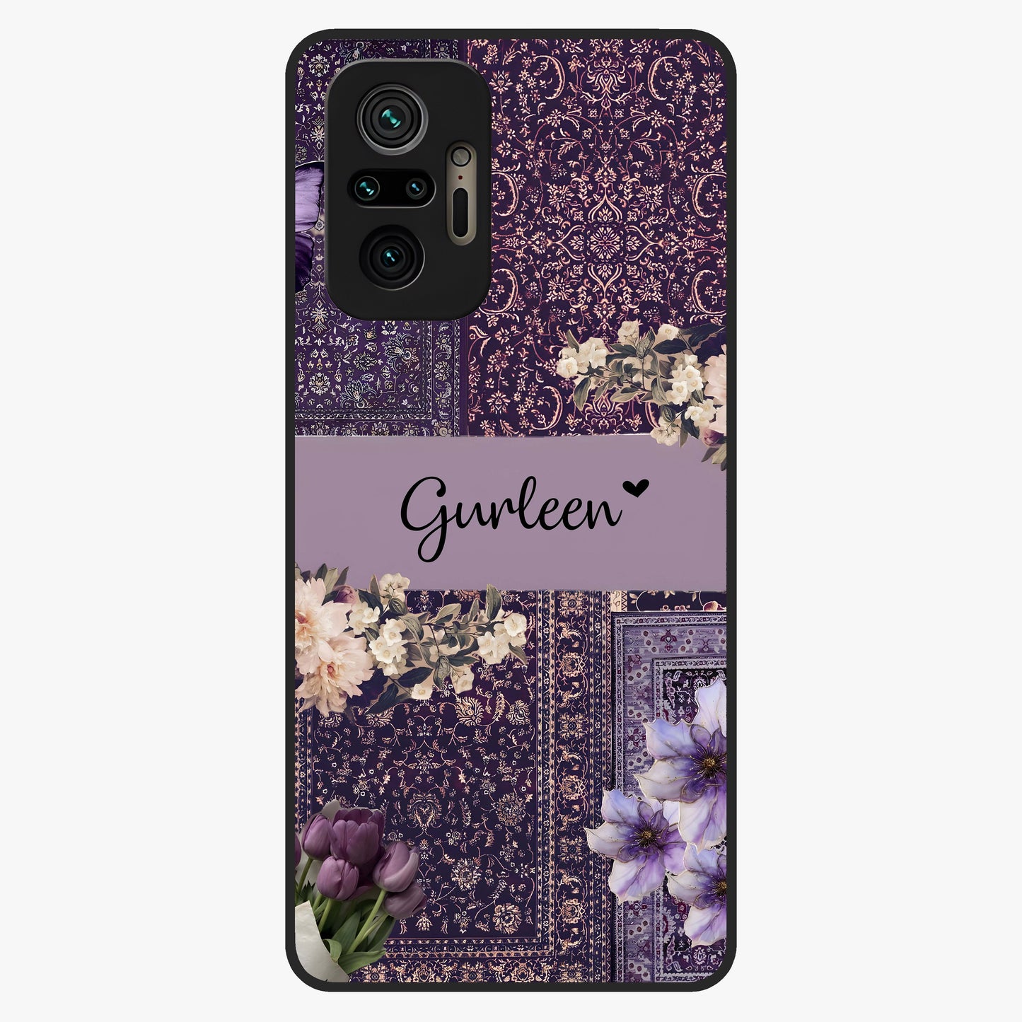 Antique Floral Whisper Custom Name Glass Case showing flat back view with vintage floral artwork and personalized name design.