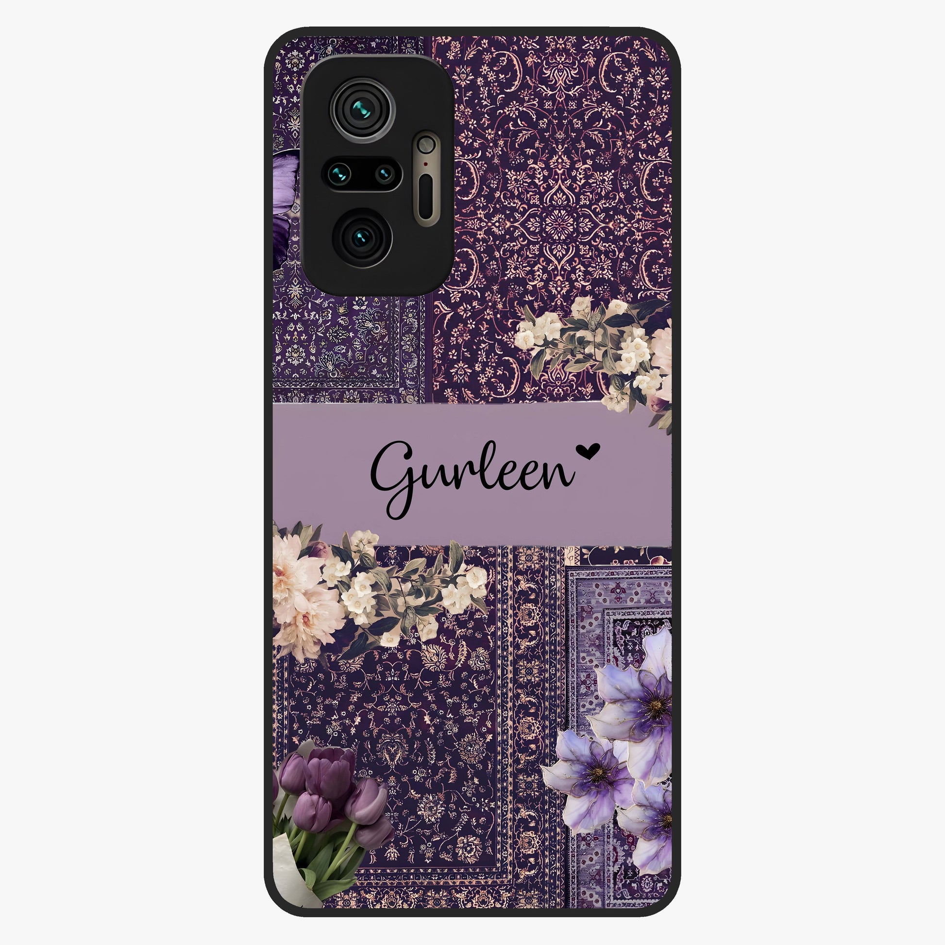 Antique Floral Whisper Custom Name Glass Case showing flat back view with vintage floral artwork and personalized name design.