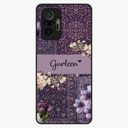 Antique Floral Whisper Custom Name Glass Case showing flat back view with vintage floral artwork and personalized name design.