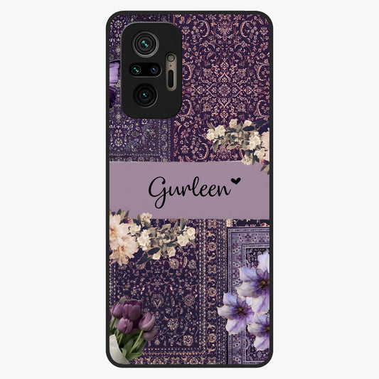 Antique Floral Whisper Custom Name Glass Case showing flat back view with vintage floral artwork and personalized name design.