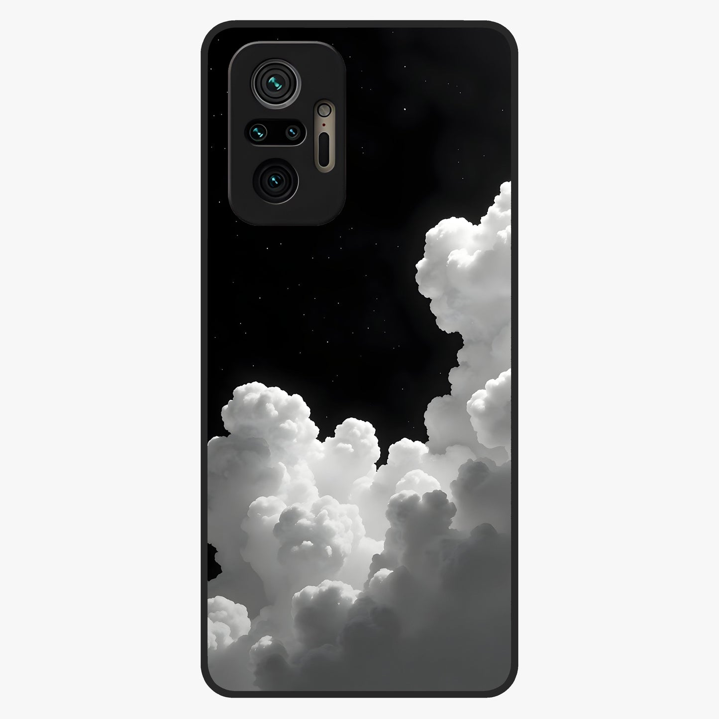 Black Background With White Cloud Glass Case showing flat back view with minimal cloud artwork on dark background and glossy glass finish.