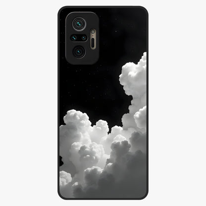 Black Background With White Cloud Glass Case showing flat back view with minimal cloud artwork on dark background and glossy glass finish.