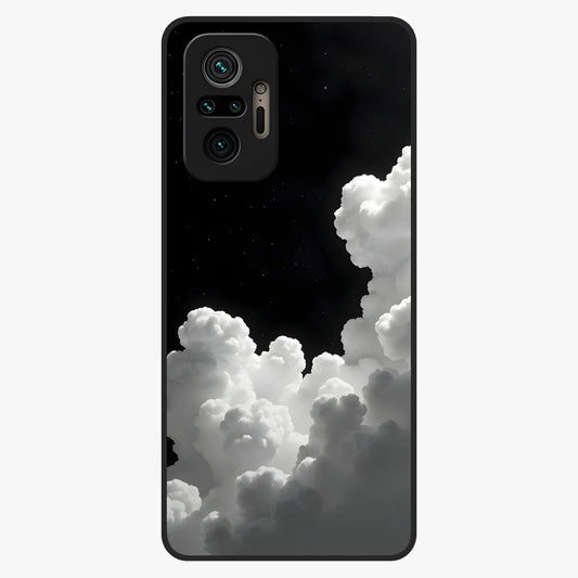 Black Background With White Cloud Glass Case showing flat back view with minimal cloud artwork on dark background and glossy glass finish.
