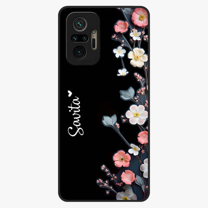Black Elegance Floral Custom Name Glass Case showing flat back view with elegant floral artwork and personalized name design.