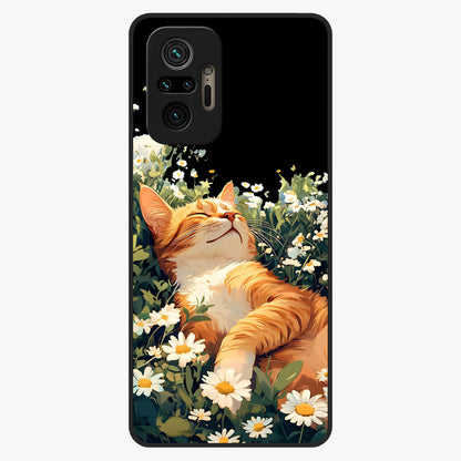 Blissful Bloom Cat Glass Case showing flat back view with cute cat and floral bloom artwork and glossy glass finish.