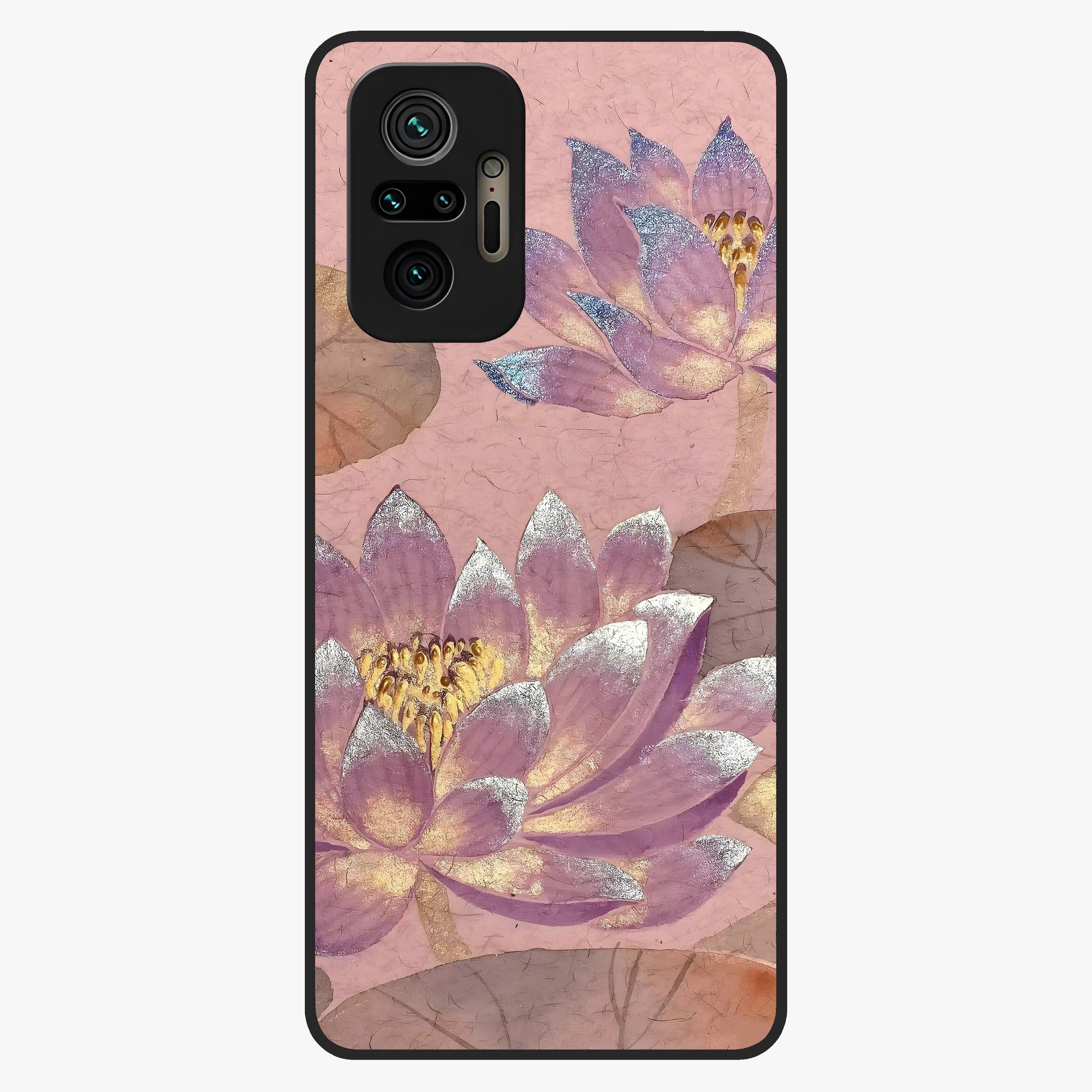 Blossom Mist Lotus Glass Case showing flat back view with serene lotus blossom artwork and glossy glass finish.