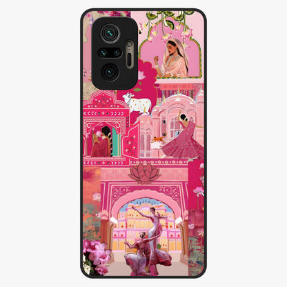 Blossoms of Rajasthan Glass Case showing flat back view with traditional floral artwork inspired by Rajasthan and glossy glass finish.