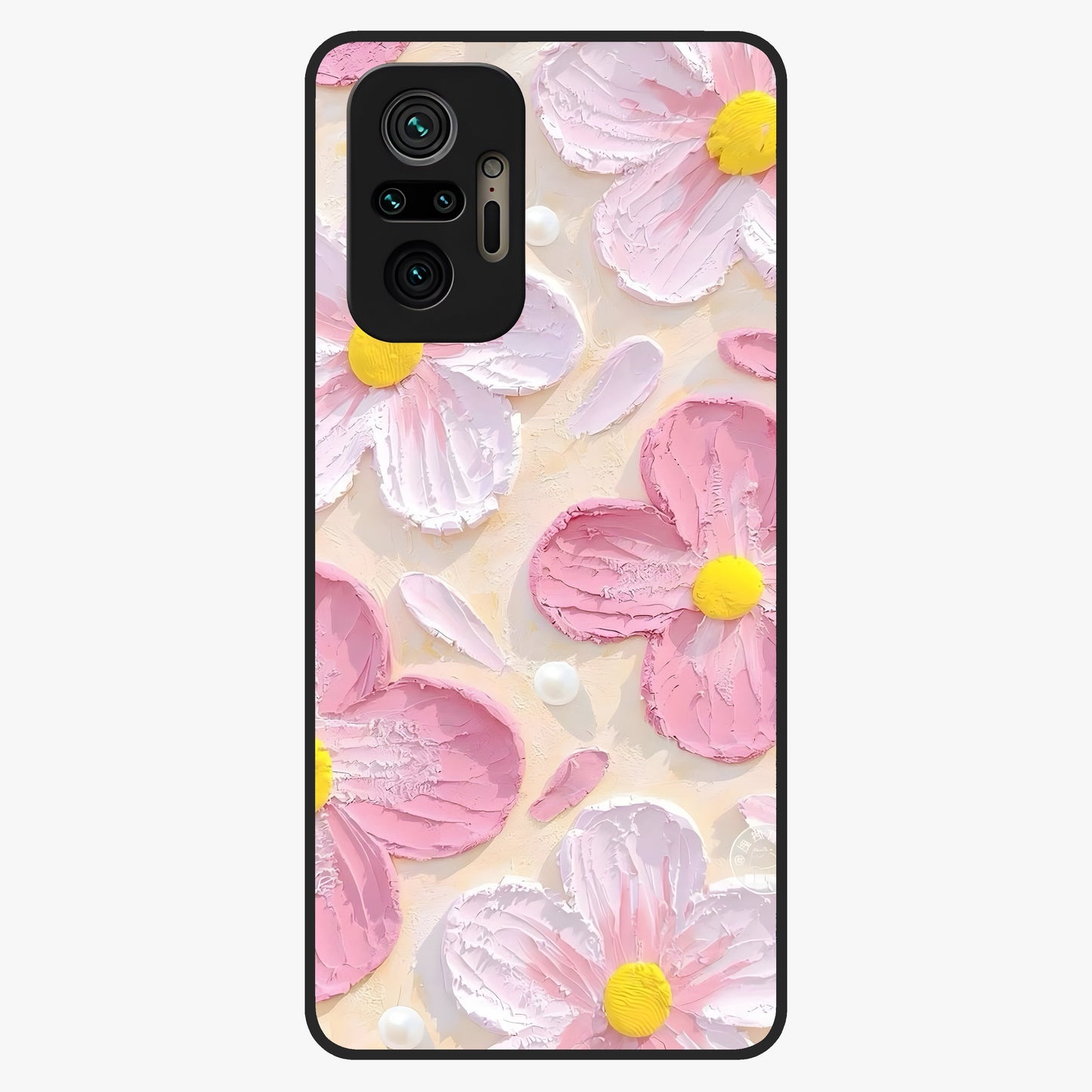 Blush Bloom Texture Glass Case showing flat back view with soft blush floral texture artwork and glossy glass finish.