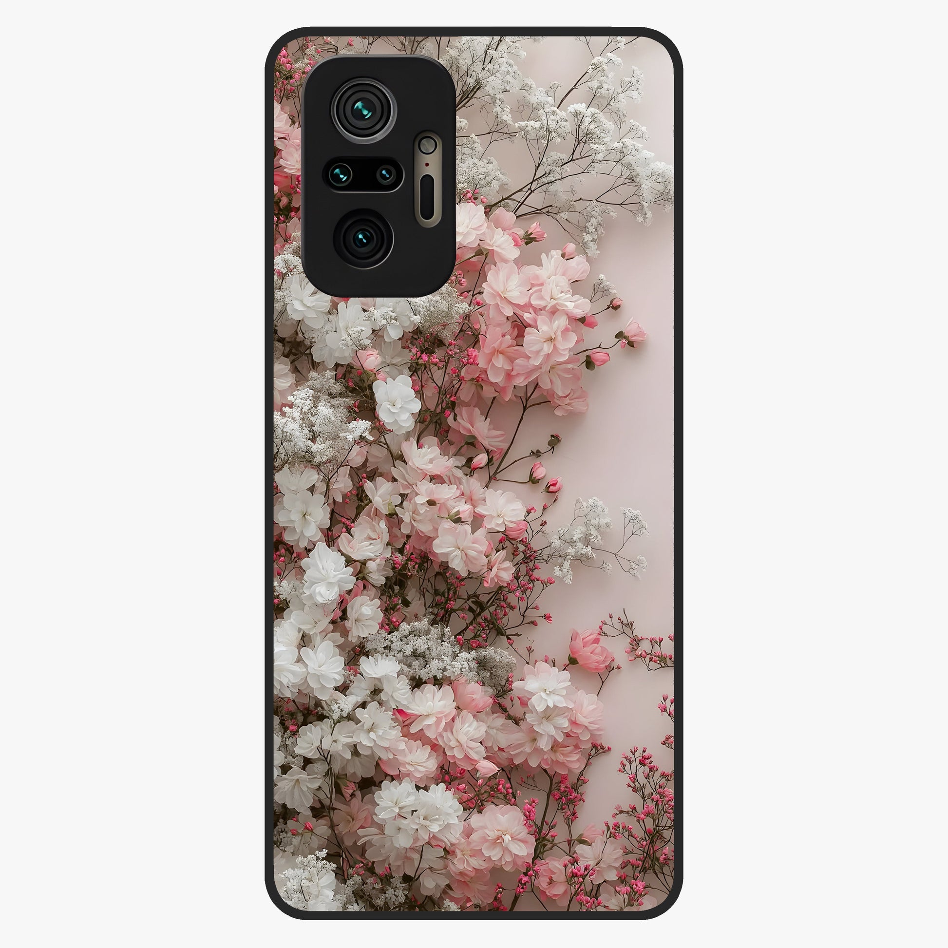 Blush Blossom Cloud Glass Case showing flat back view with dreamy blush cloud blossom artwork and glossy glass finish.