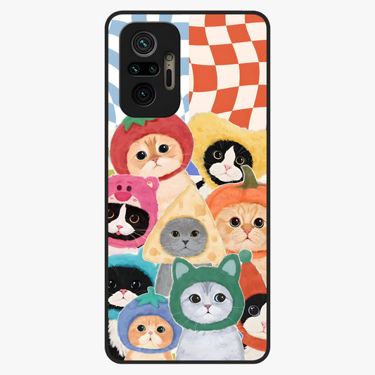 Cats in Fruits Glass Case showing flat back view with playful cat illustrations inside fruit artwork and glossy glass finish.