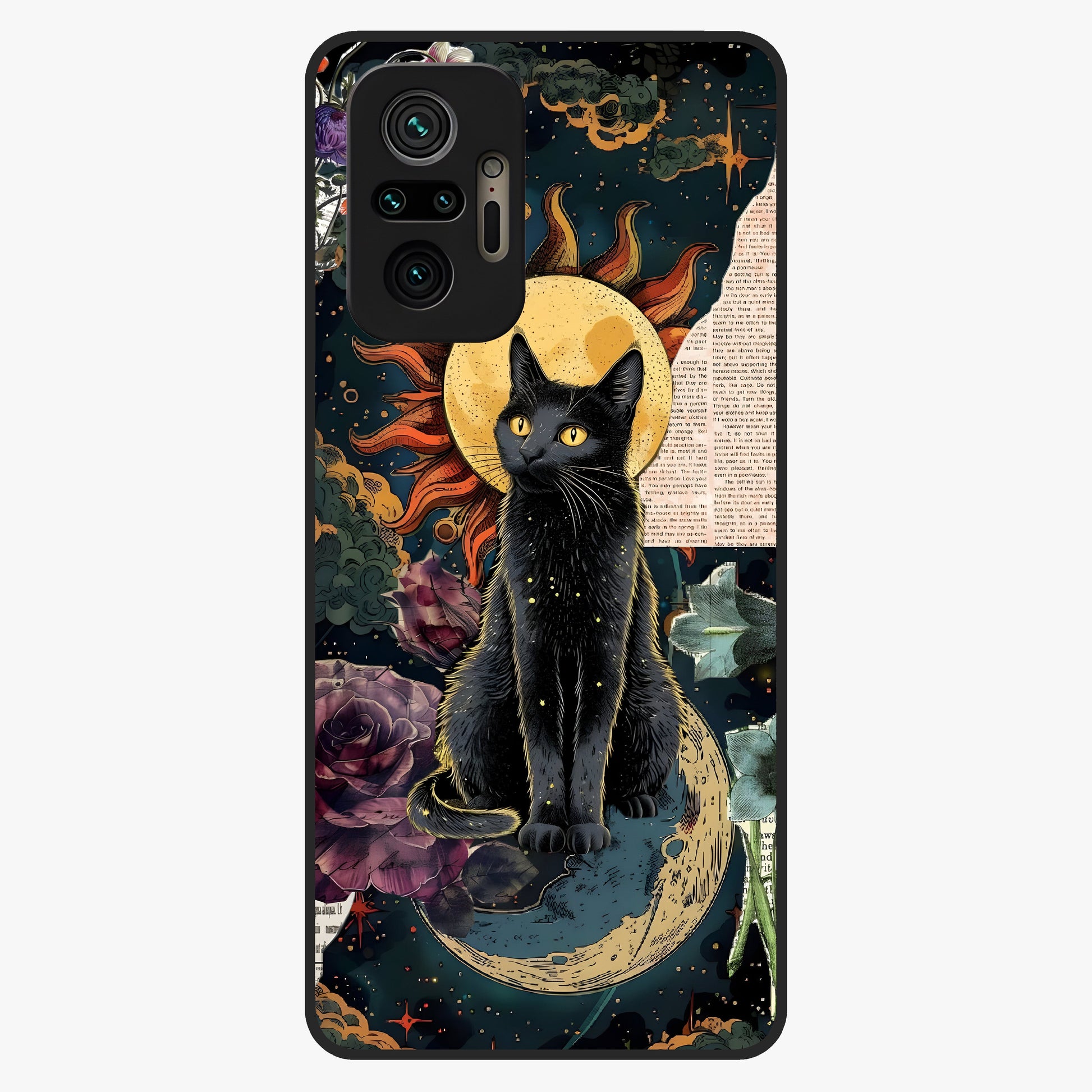 Celestial Black Cat Glass Case showing flat back view with mystical black cat artwork and glossy glass finish.