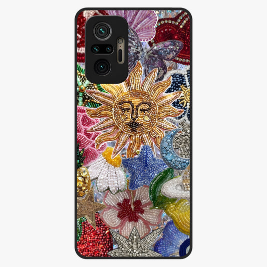 Celestial Floral and Playful Glass Case showing flat back view with floral and celestial themed artwork and glossy glass finish.