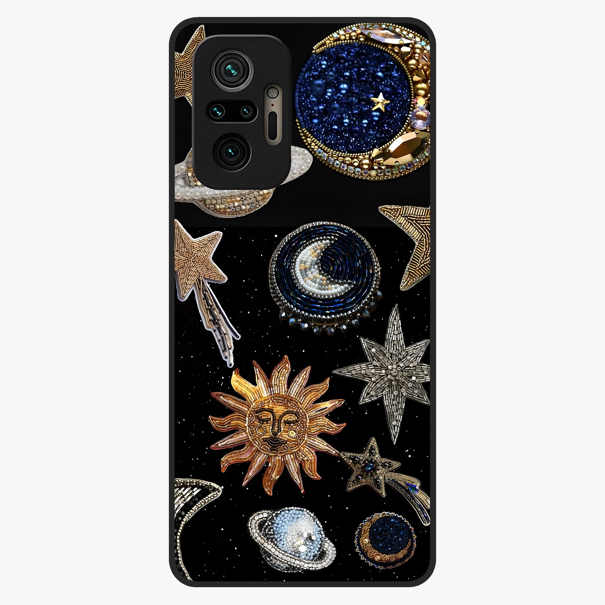 Celestial Gem Constellations Glass Case showing flat back view with sparkling constellation artwork and glossy glass finish.