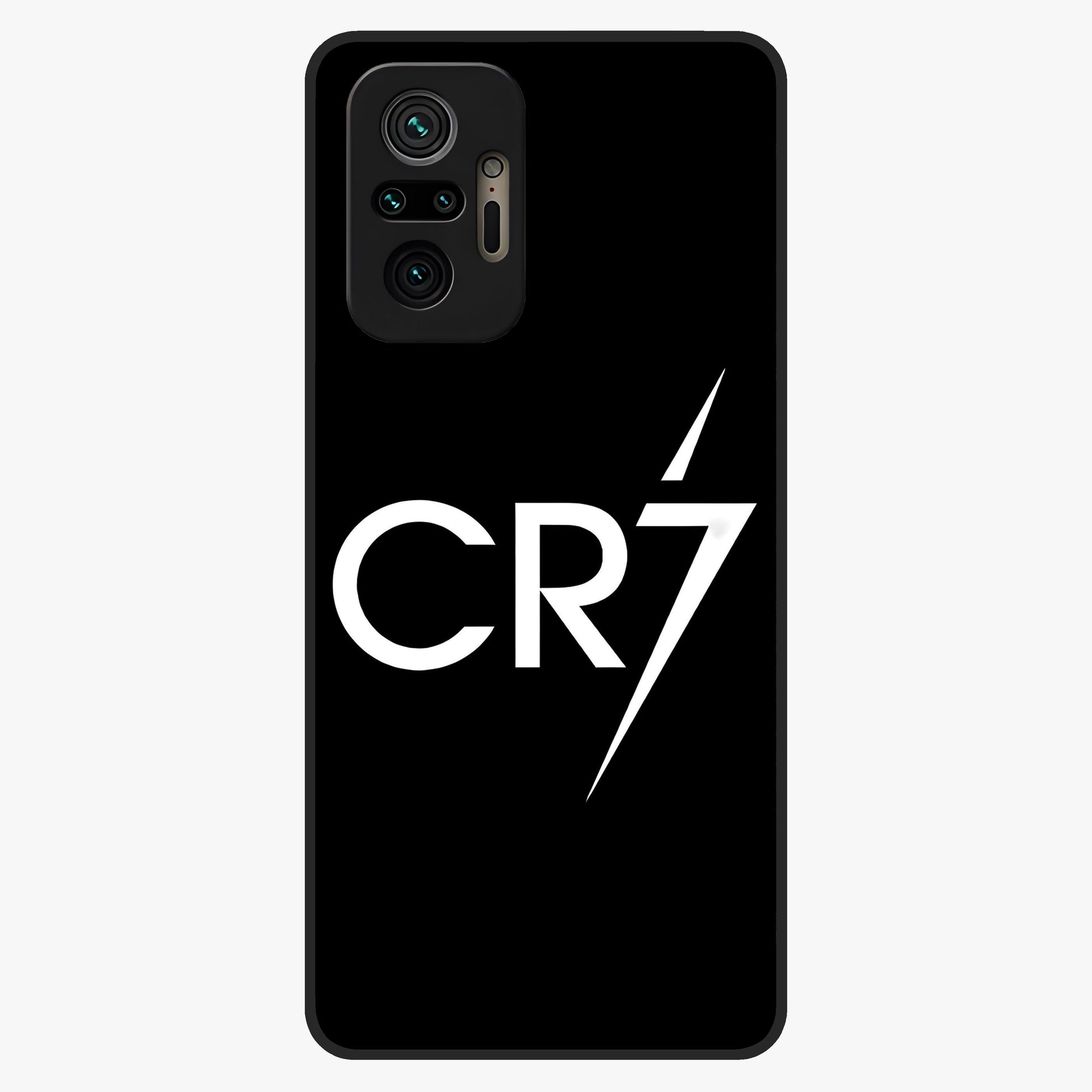 Cr7 Elite Strike Glass Case showing flat back view with dynamic football inspired artwork and glossy glass finish.