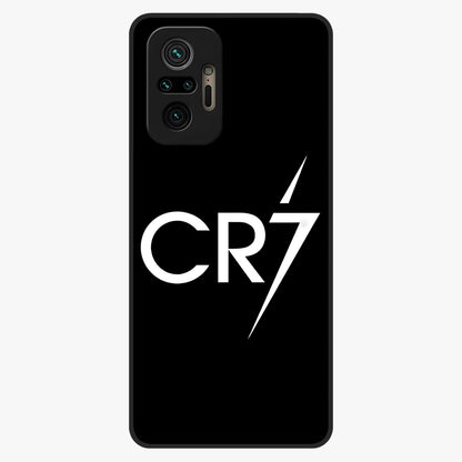 Cr7 Elite Strike Glass Case showing flat back view with dynamic football inspired artwork and glossy glass finish.