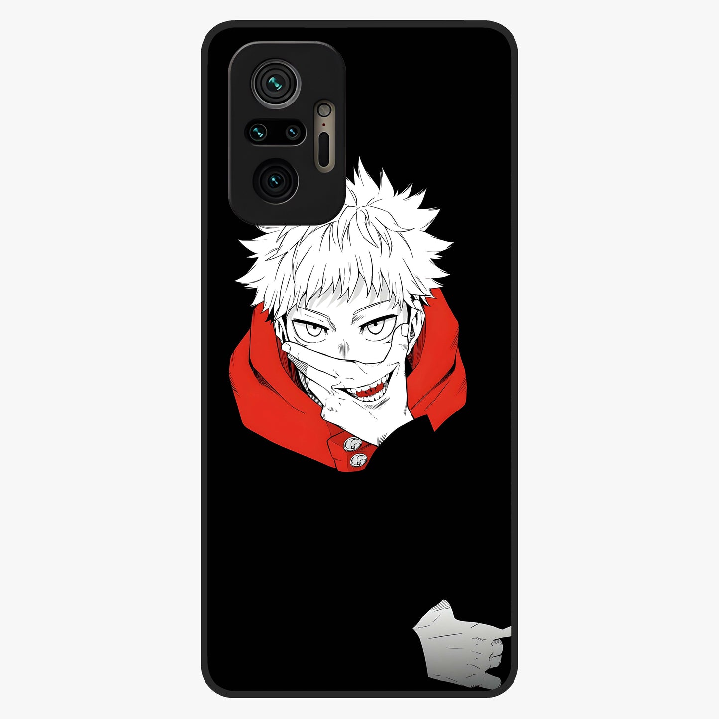 Crimson Chaos Smile Glass Case showing flat back view with bold chaotic smile artwork and glossy glass finish.