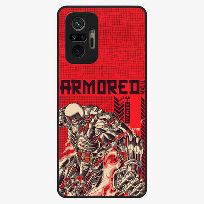 Crimson Mecha Titan Glass Case showing flat back view with powerful mech titan artwork and glossy glass finish.