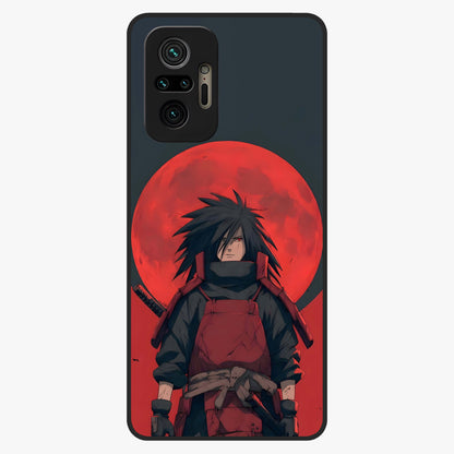 Crimson Moon Warlord Glass Case showing flat back view with mystical moon warrior artwork and glossy glass finish.