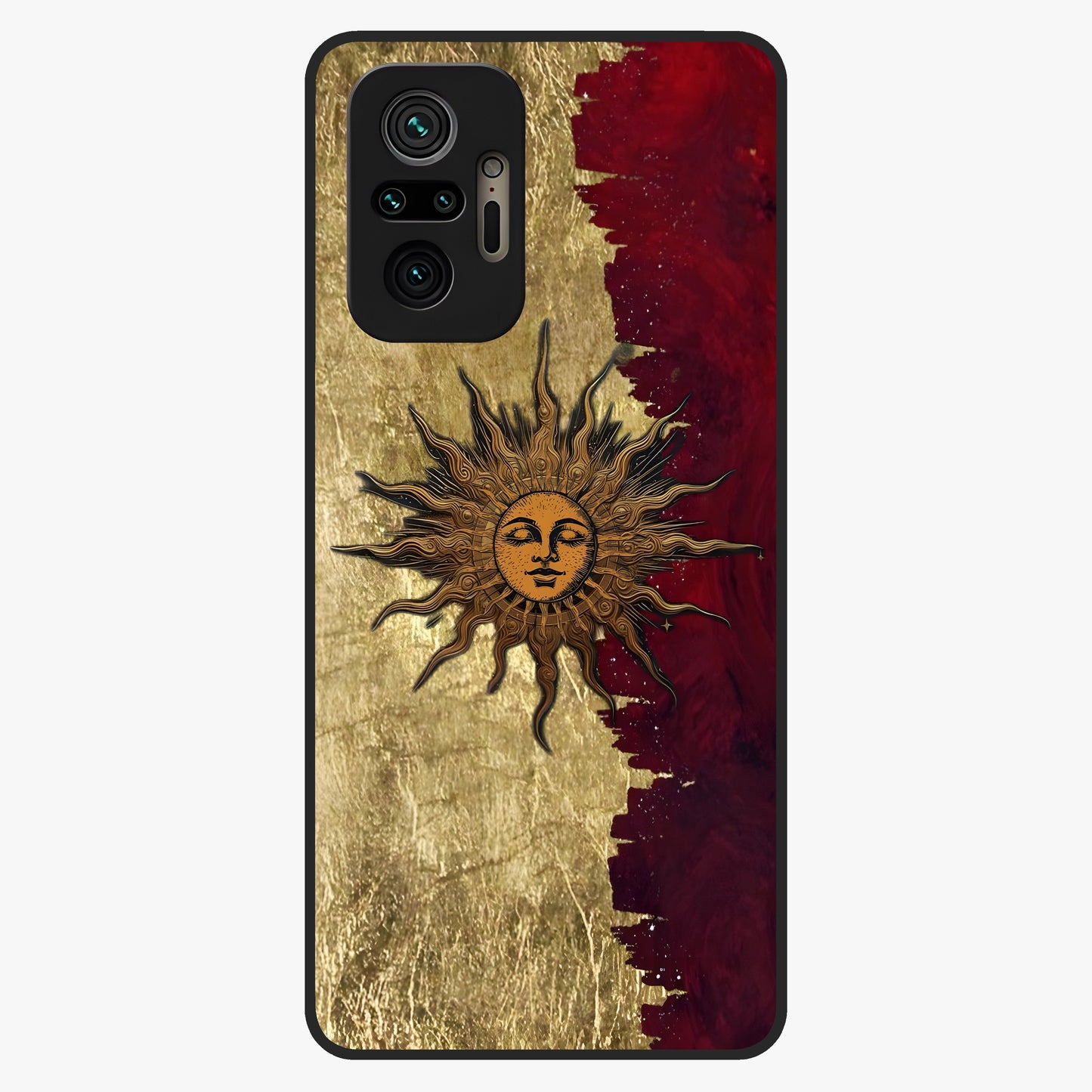 Crimson Sun Majesty Glass Case showing flat back view with radiant sun inspired artwork and glossy glass finish.