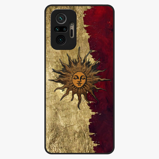 Crimson Sun Majesty Glass Case showing flat back view with radiant sun inspired artwork and glossy glass finish.