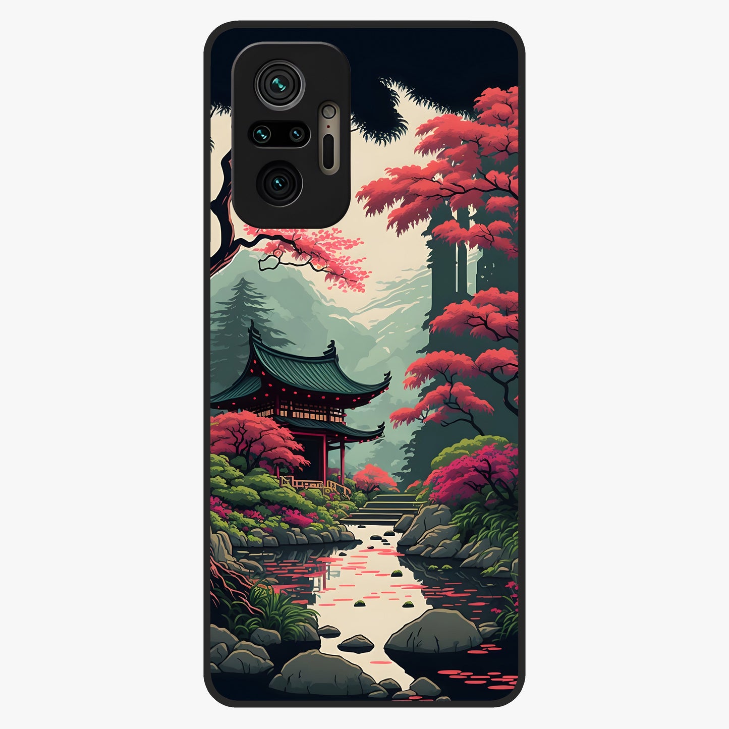 Crimson Temple View Glass Case showing flat back view with temple inspired artwork and glossy glass finish.