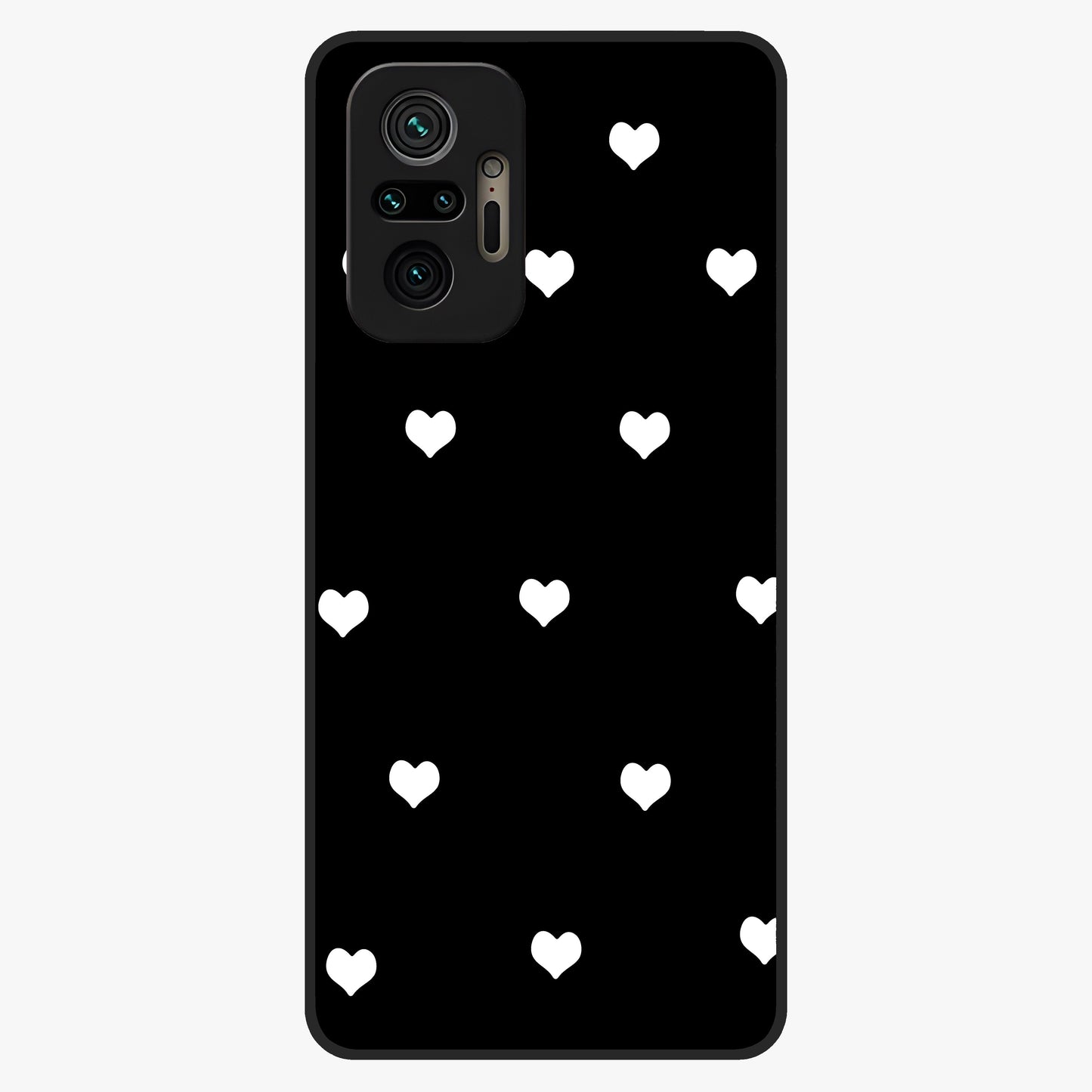 Cute And Simple White Hearts Glass Case showing flat back view with minimal white heart pattern and glossy glass finish.