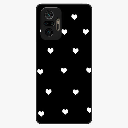 Cute And Simple White Hearts Glass Case showing flat back view with minimal white heart pattern and glossy glass finish.
