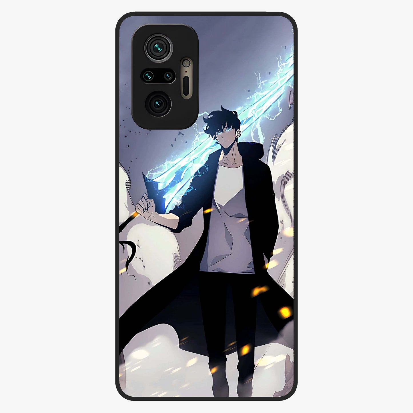 Dark Lightning Anime Warrior Glass Case showing flat back view with intense anime warrior artwork and glossy glass finish.