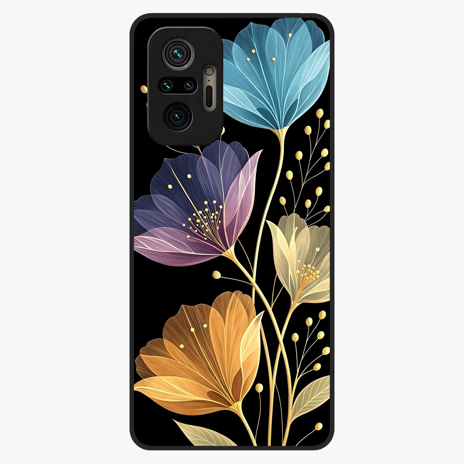 Delicate Multicolor Flowers Glass Case showing flat back view with vibrant floral artwork and glossy glass finish.
