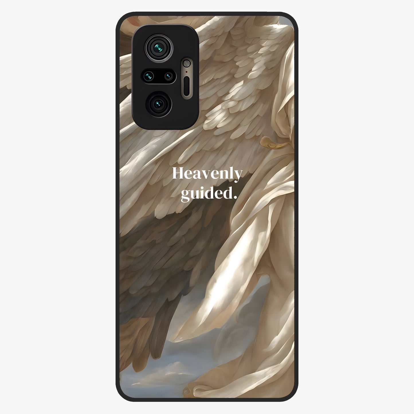 Divine Winged Grace Glass Case showing flat back view with elegant wing inspired artwork and glossy glass finish.