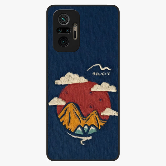 Dream Beyond Mountains Glass Case showing flat back view with scenic mountain landscape artwork and glossy glass finish.