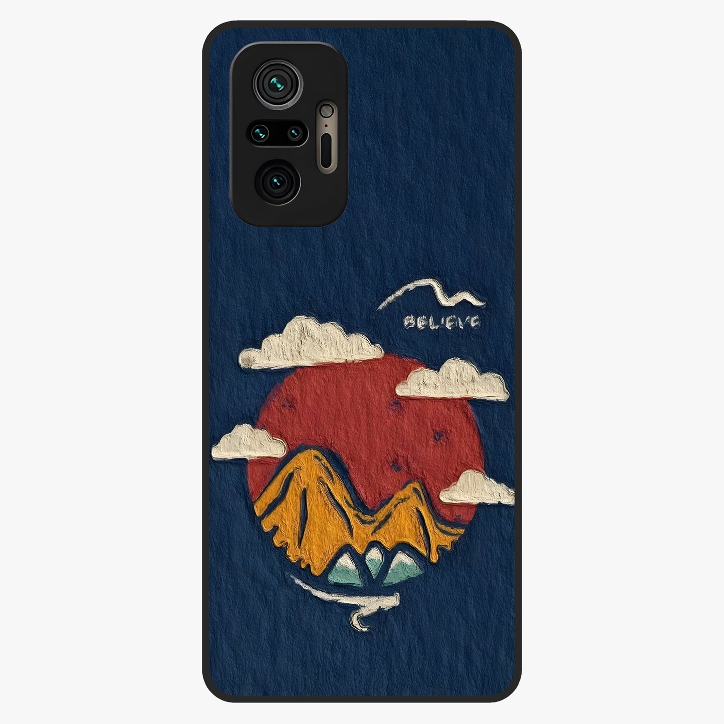 Dream Beyond Mountains Glass Case showing flat back view with scenic mountain landscape artwork and glossy glass finish.