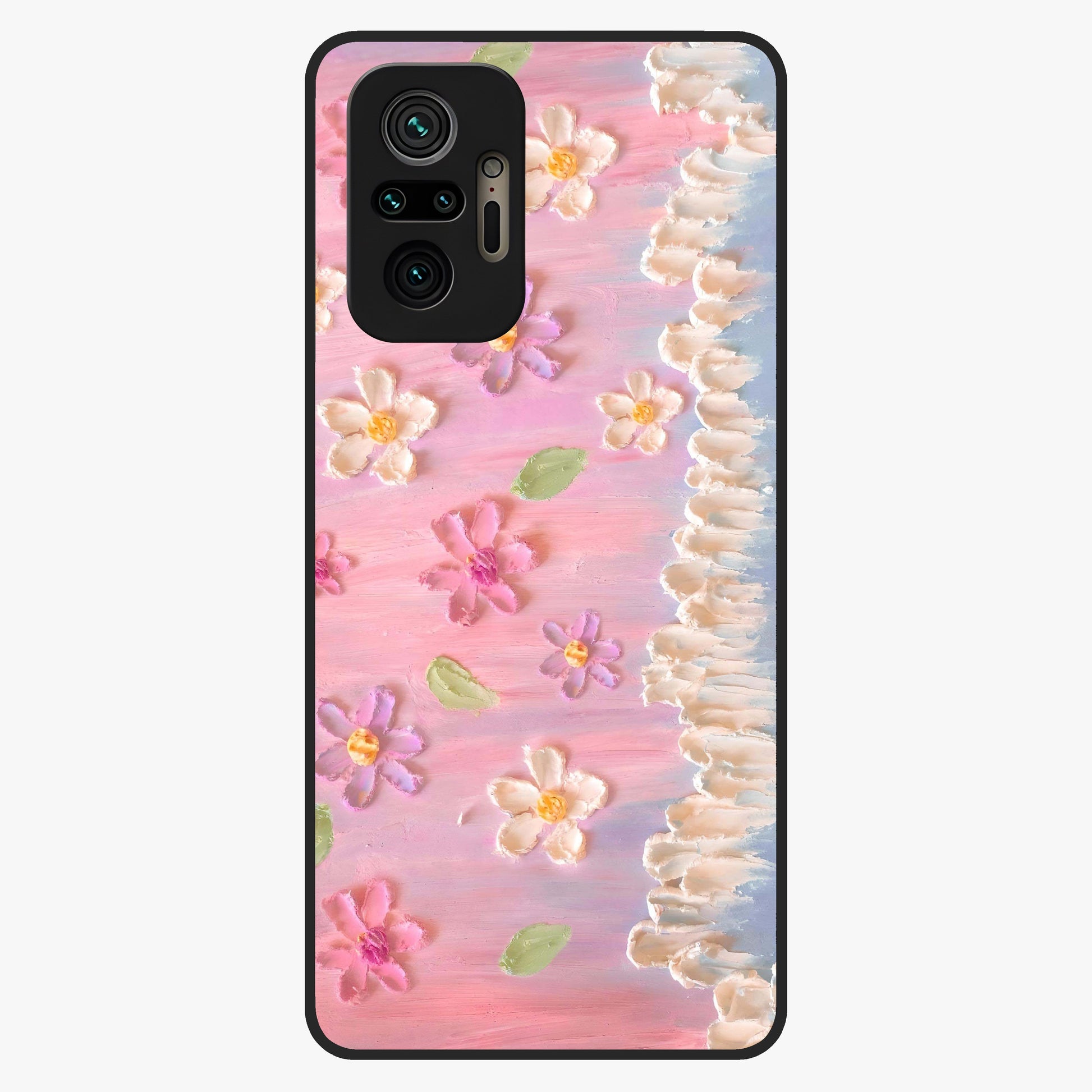 Dreamy Painted Garden Glass Case showing flat back view with artistic painted floral garden artwork and glossy glass finish.