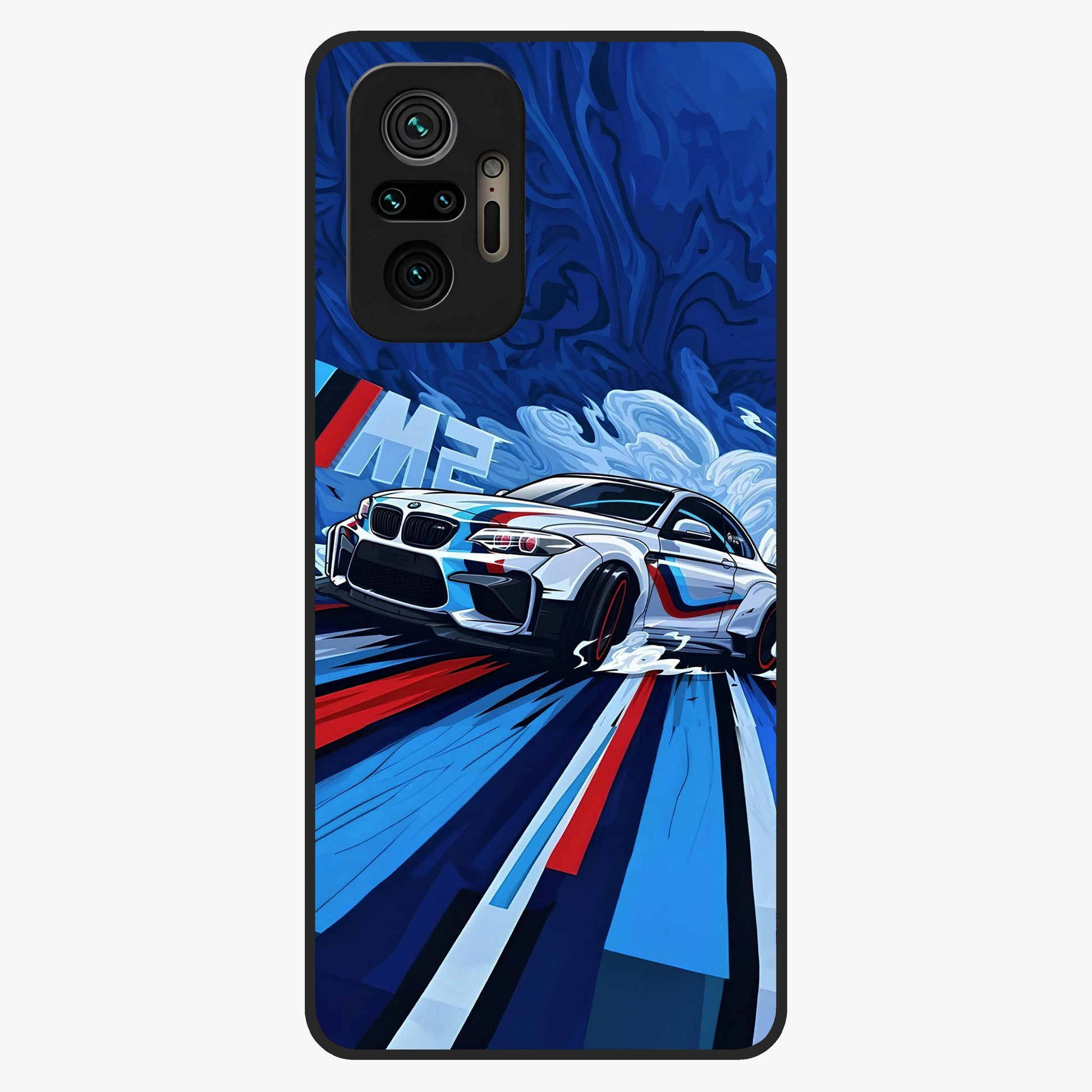 Drift Power Rush Glass Case showing flat back view with dynamic racing inspired artwork and glossy glass finish.