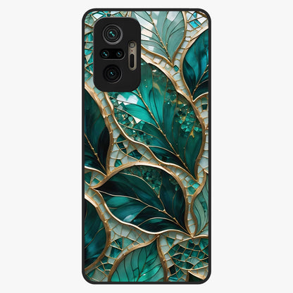 Emerald Leaf Glass Glass Case showing flat back view with emerald green leaf artwork and glossy glass finish.