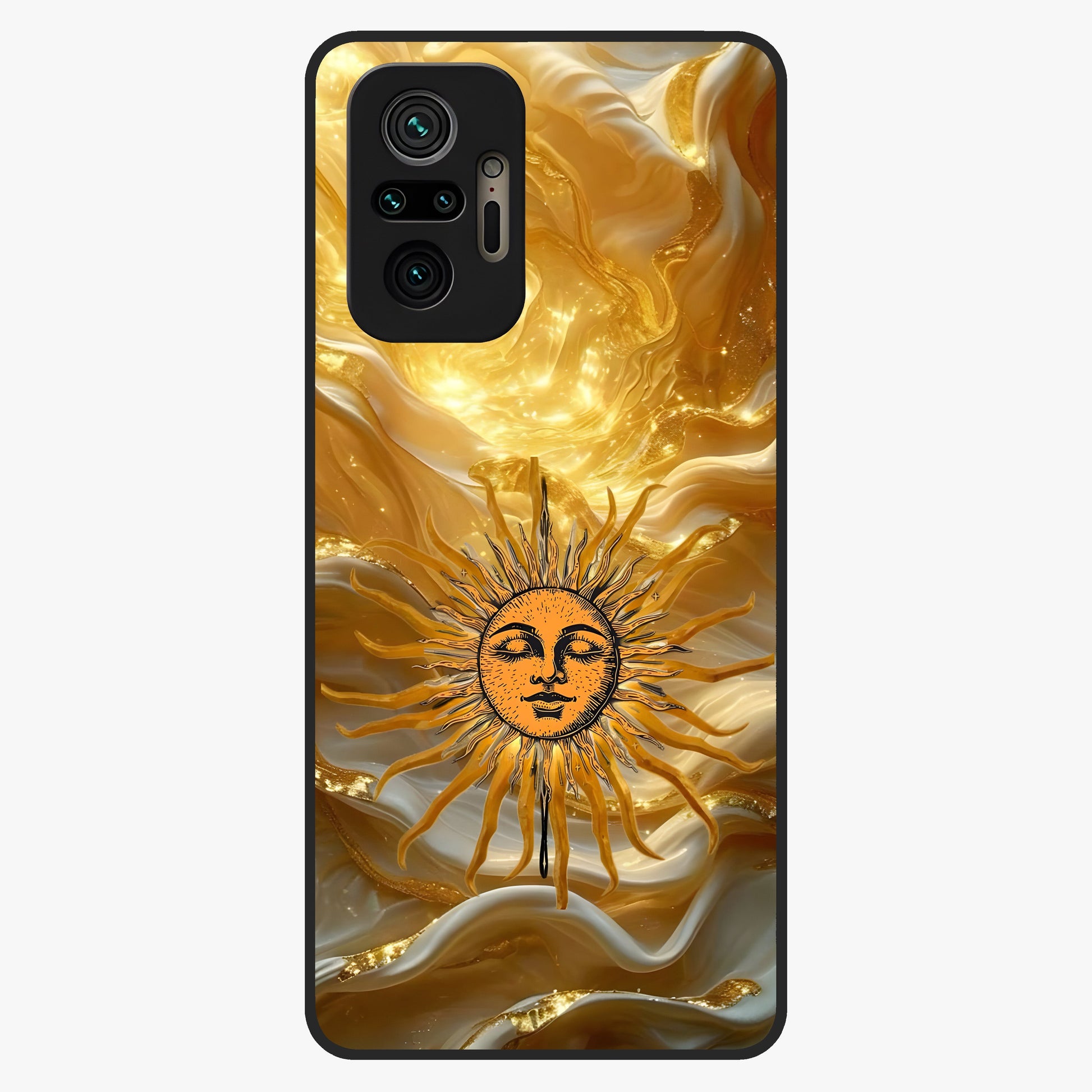 Eternal Golden Glow Glass Case showing flat back view with radiant golden themed artwork and glossy glass finish.