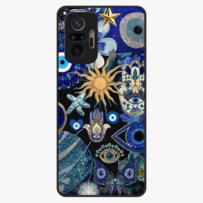 Evil Eye Charm Mix Glass Case showing flat back view with multiple evil eye charms artwork and glossy glass finish.