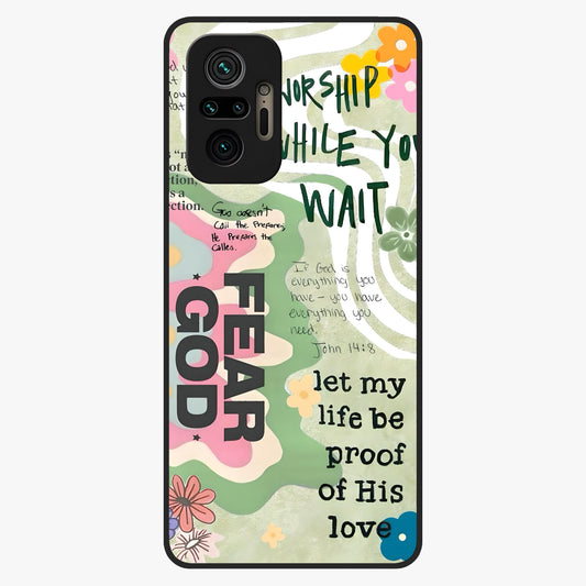 Faith Over Fear Glass Case showing flat back view with motivational typography artwork and glossy glass finish.