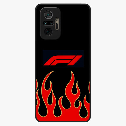 Fire F11 Glass Case showing flat back view with fiery themed artwork and glossy glass finish.