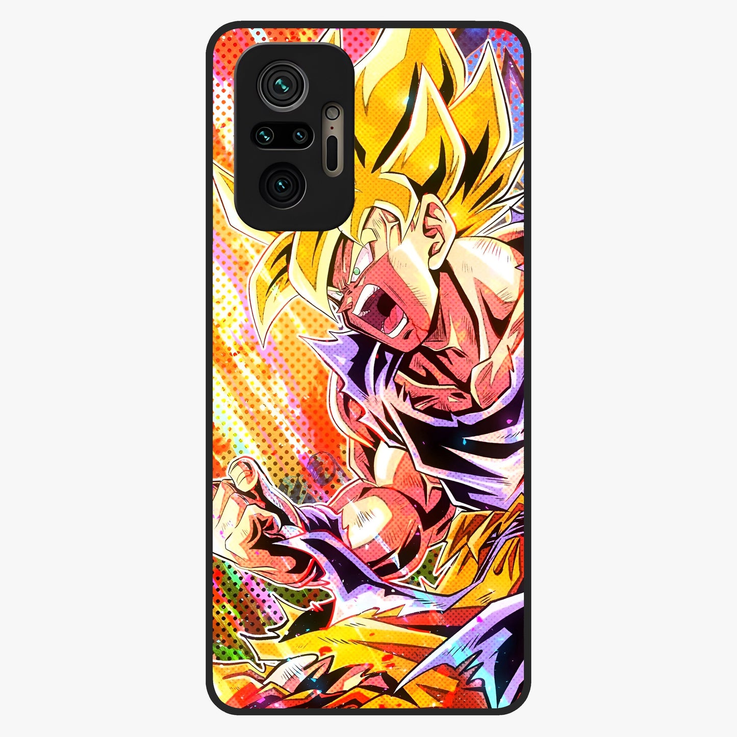 Firing Goku Glass Case showing flat back view with powerful anime inspired artwork and glossy glass finish.