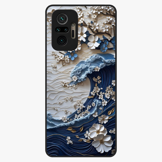 Floral Wave Origami Glass Case showing flat back view with origami inspired floral wave artwork and glossy glass finish.