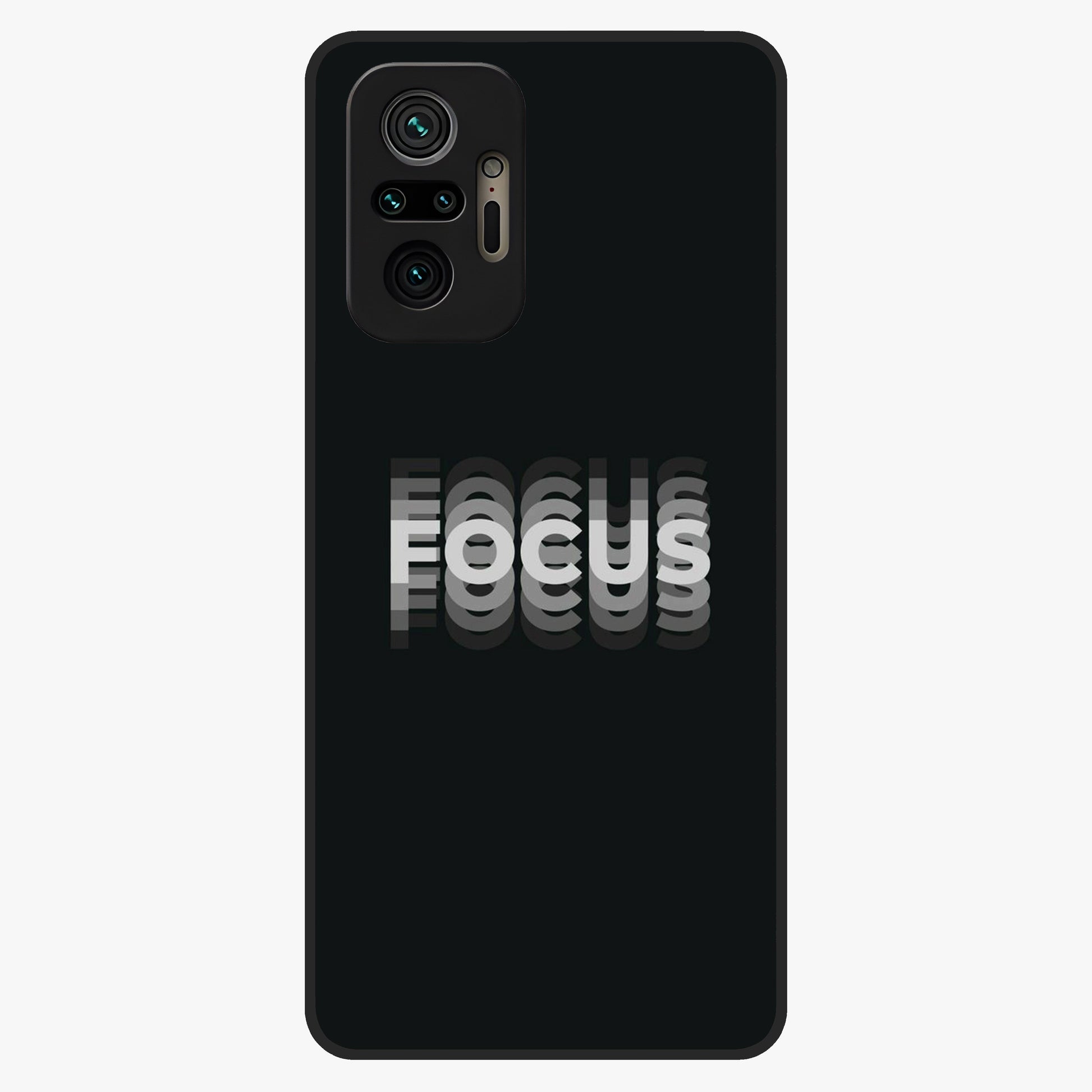 Focus Mode On Glass Case showing flat back view with bold motivational typography design and glossy glass finish.