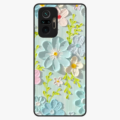 Frosted Petal Garden Glass Case showing flat back view with soft frosted floral artwork and glossy glass finish.