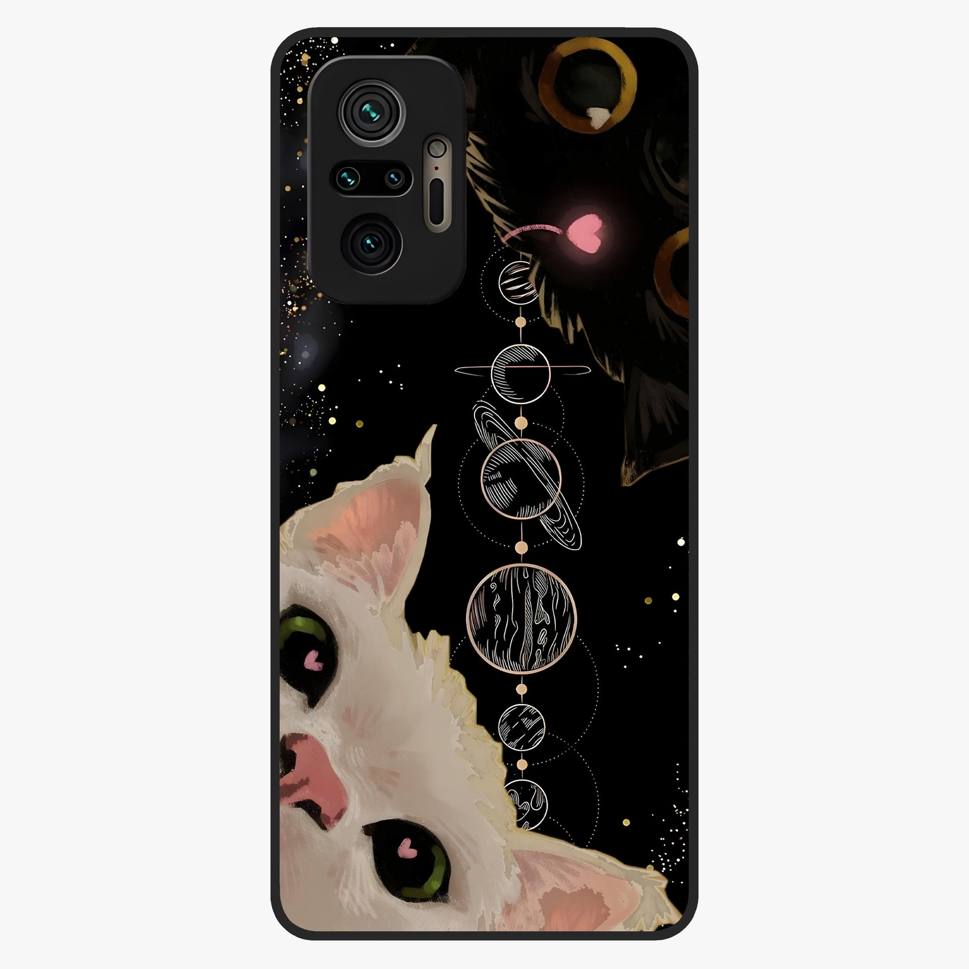 Galactic Cat Glass Case showing flat back view with cosmic cat artwork and glossy glass finish.