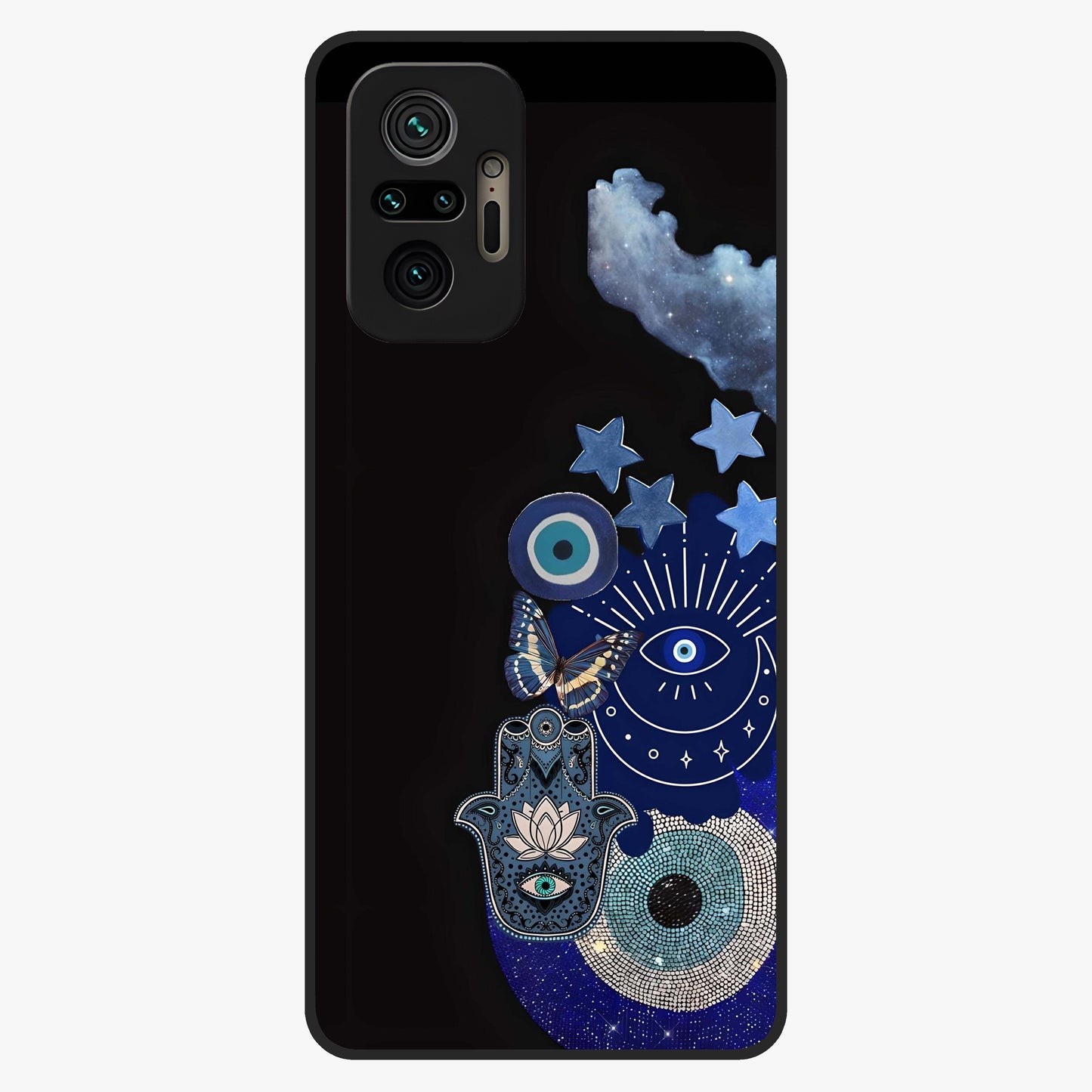 Galactic Charm Cluster Glass Case showing flat back view with glowing celestial charm artwork and glossy glass finish.