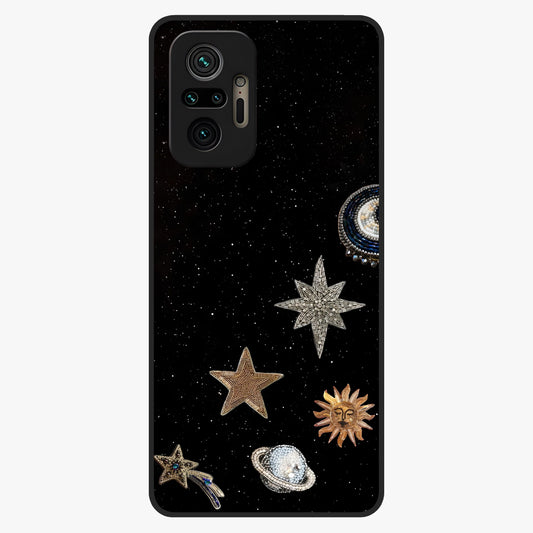 Galactic Charm Glow Glass Case showing flat back view with glowing celestial charm artwork and glossy glass finish.